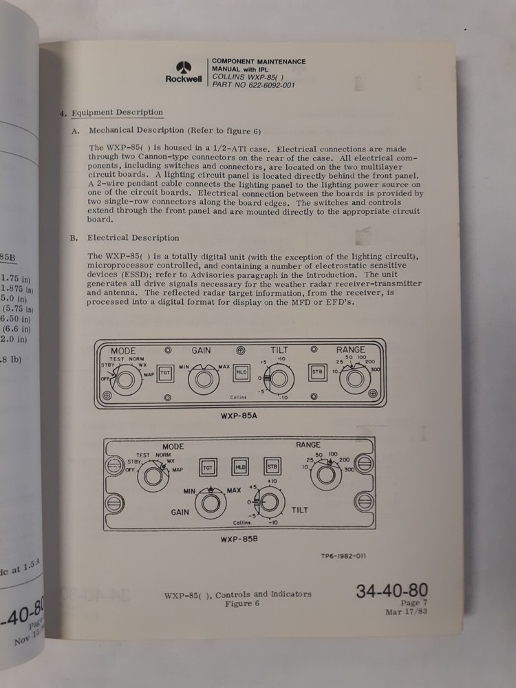 Collins WXP-85( ) Weather Radar Panel Component Maintenance Manual Original