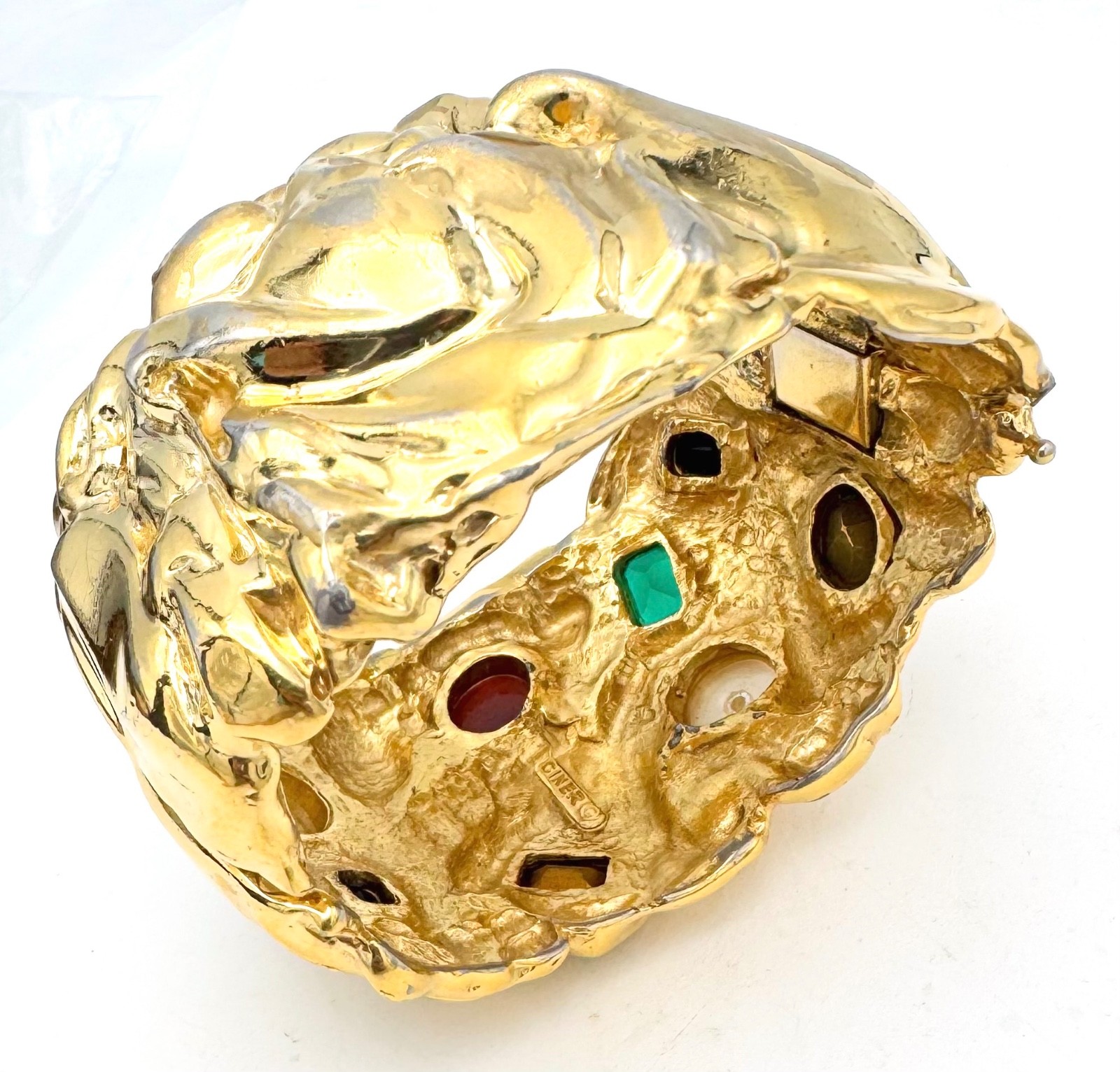 Vintage Ciner Mogul Gold Tone Pearl Gemstone Heavy Clamper Statement Bracelet