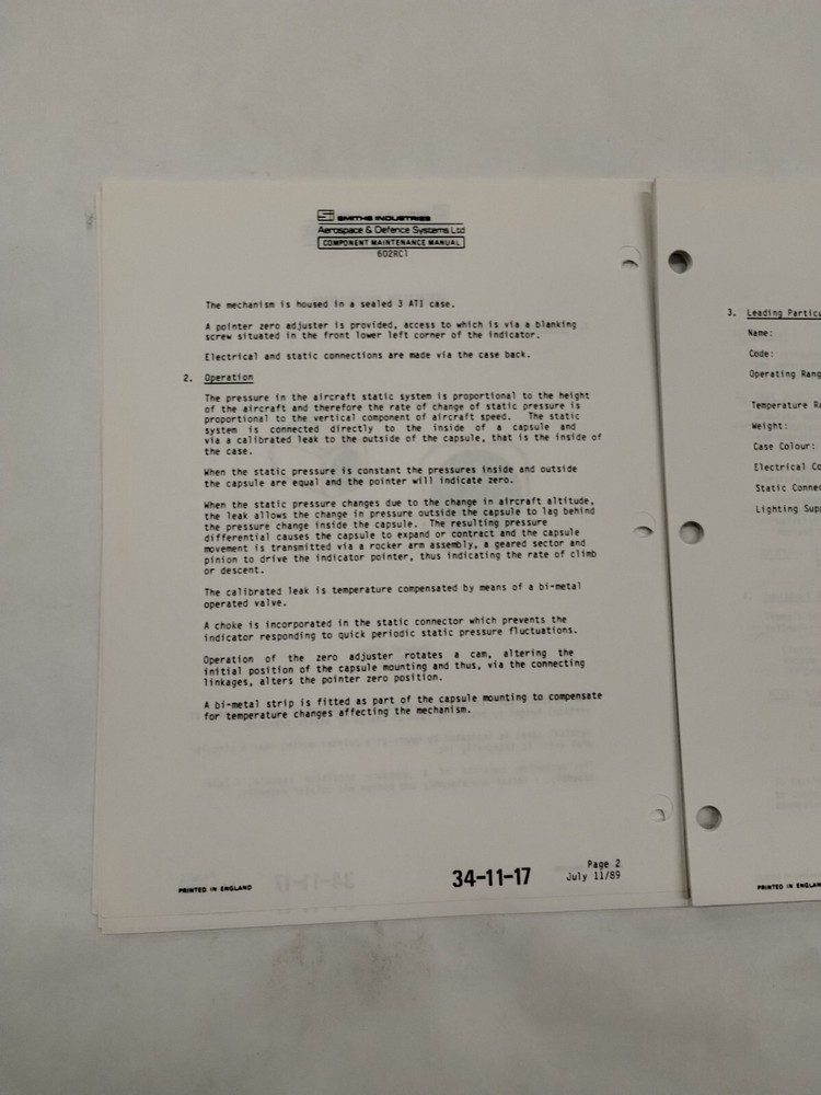 Smiths Industries Vertical Speed Indicator Component Maintenance Illust. Parts