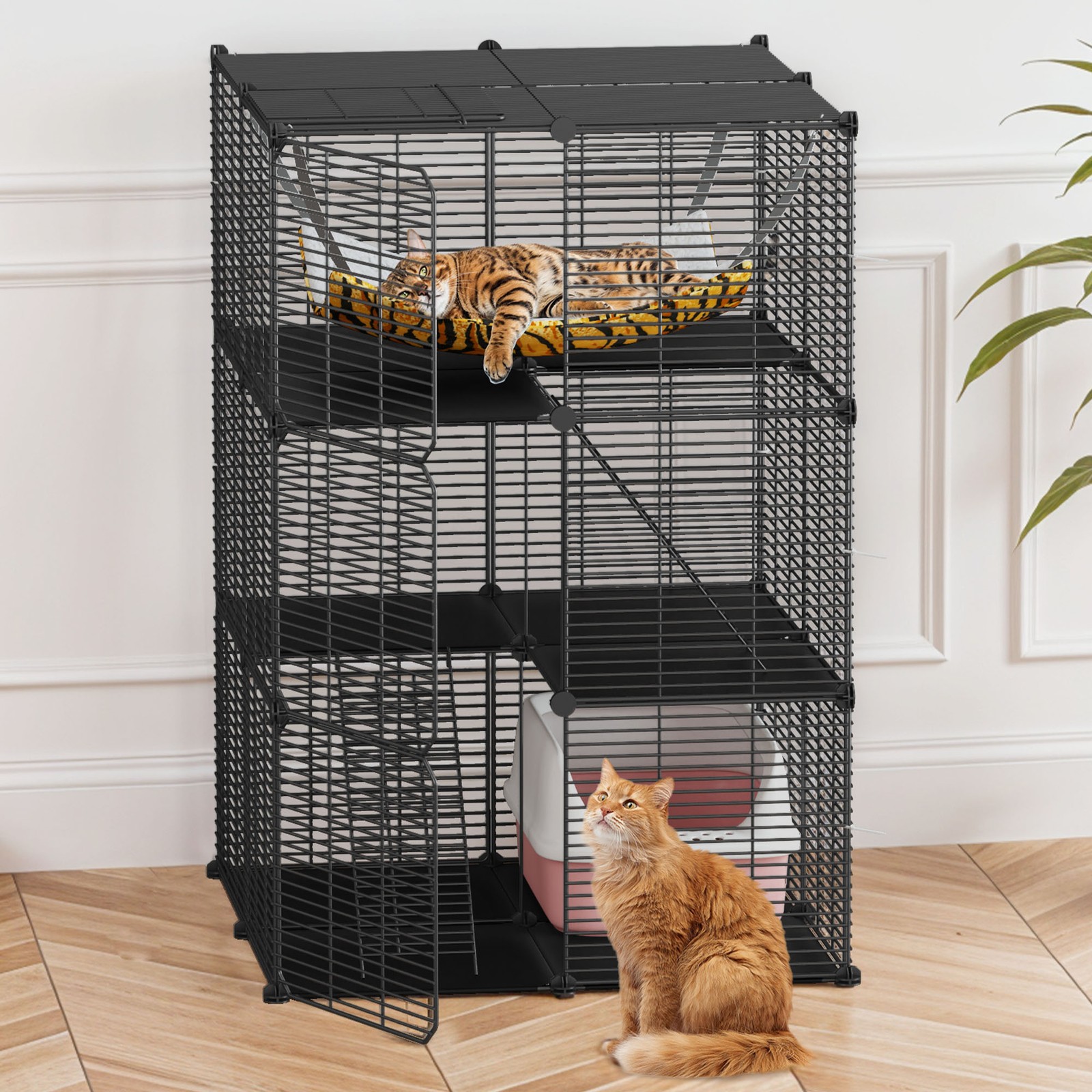 Cat Cage Indoor Enclosures DIY Cat Playpen Metal Kennel with Extra Large Hammock
