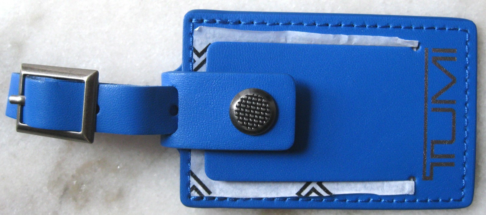 TUMI ID TAG, NEW, Blue, Silver Logo, 3 1/4" x 2 1/8"