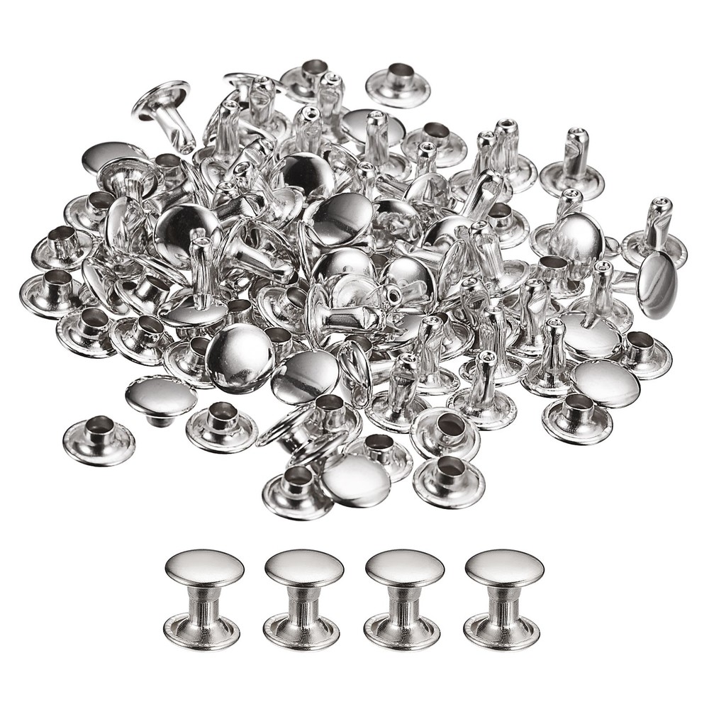 100 Sets Leather Rivets, 8mm Double Cap Rivets 8mm Height, Silver Tone