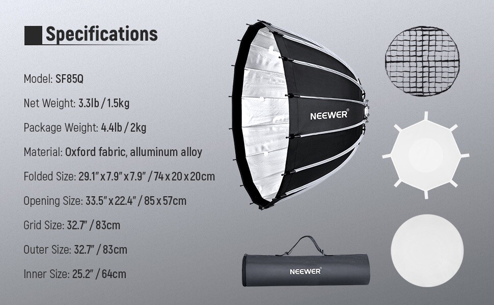 Neewer 85cm Parabolic Softbox Quick Set up & Folding, with Diffusers and Bag✅