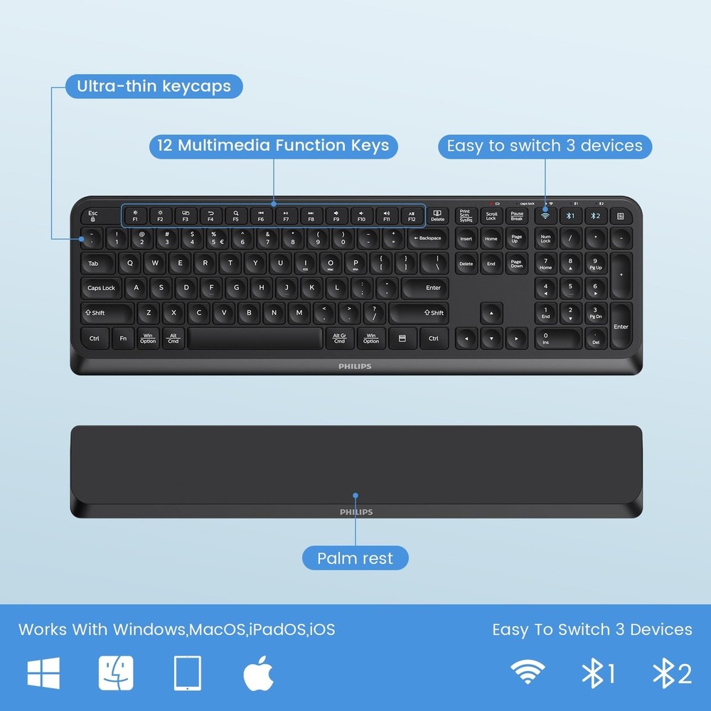 PHILIPS Bluetooth Keyboard and Mouse Combo, Ergonomic Design with Wrist Rest ...