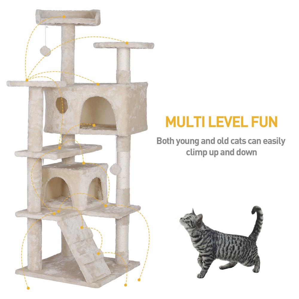 55'' Multi-Level Cat Condo Tower Kitty Cat Tree with Scratching Post Beige