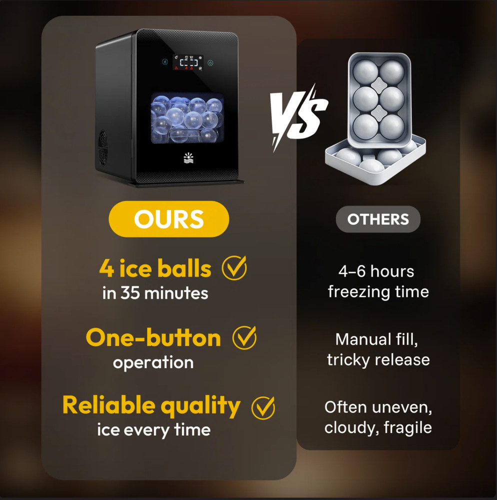 Sphere Ice Ball Maker Machine - Self-Cleaning 144 Pcs/24h - Black
