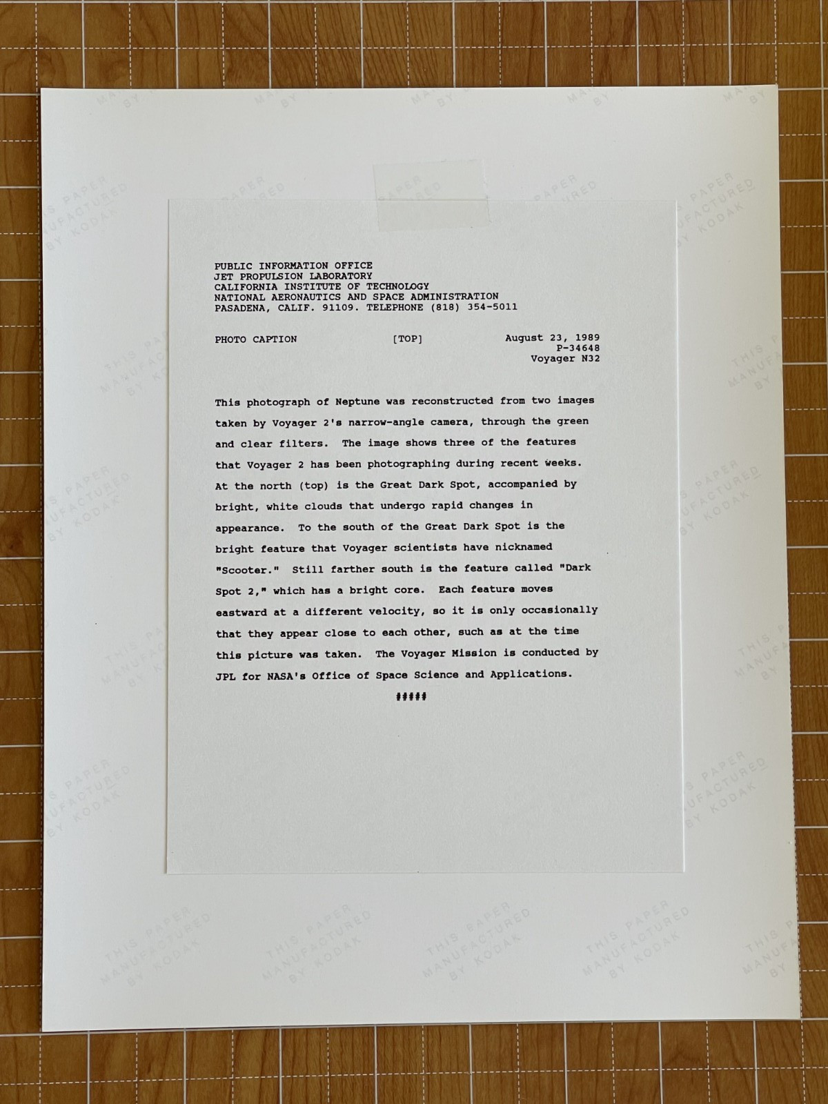 NASA PHOTO SPACE NEPTUNE VOYAGER JPL KODAK PAPER TYPE 1 CHROMOGENIC