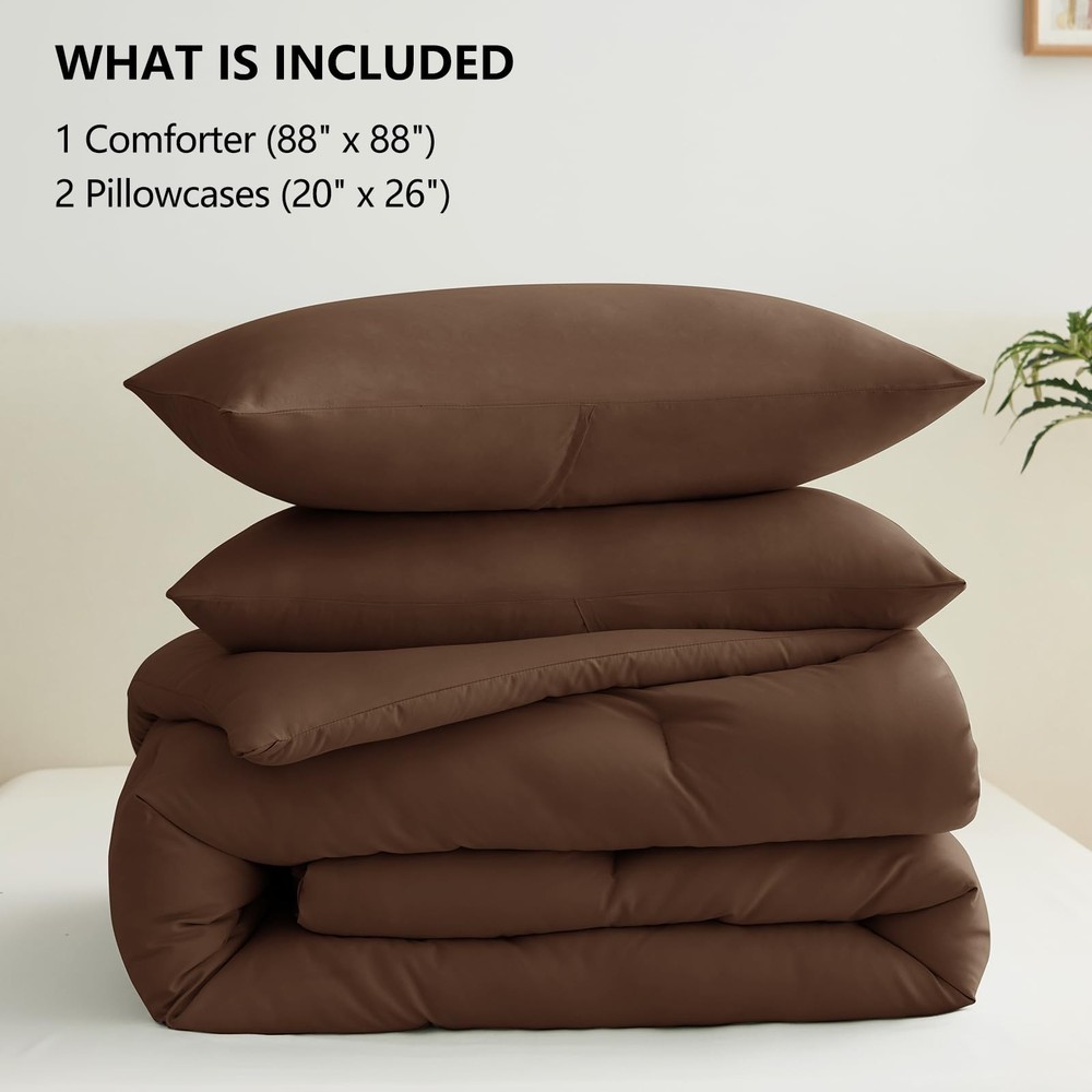 Queen Comforter Set Brown, 3 Pieces Solid Comforters Queen Size Breathable Qu...