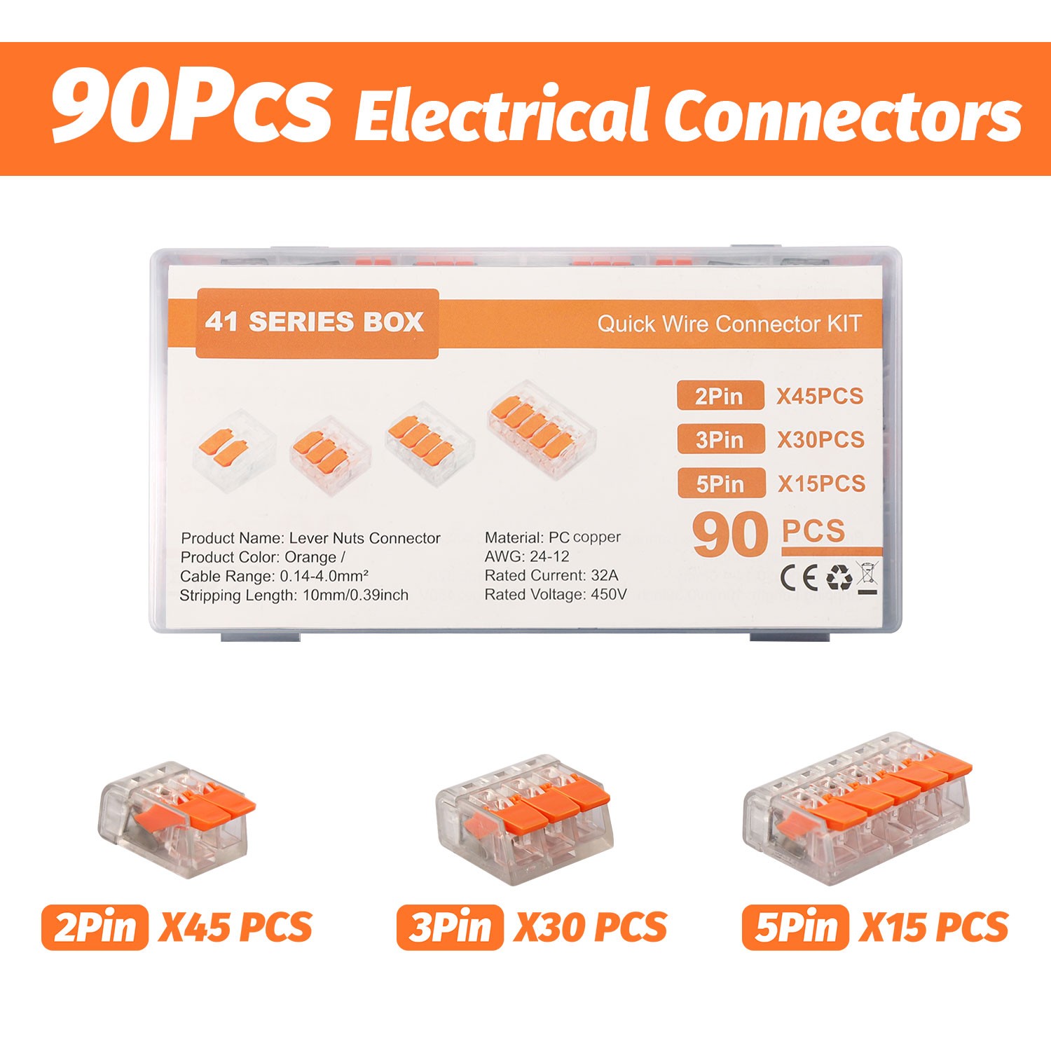 90Pcs For Wago 221 Lever Nuts Compact Splicing Wire Connectors - 2/3/5 Terminal