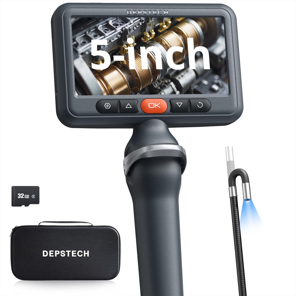 Articulating Borescope Camera with Light, 5" IPS HD Screen, Industrial Endosc...