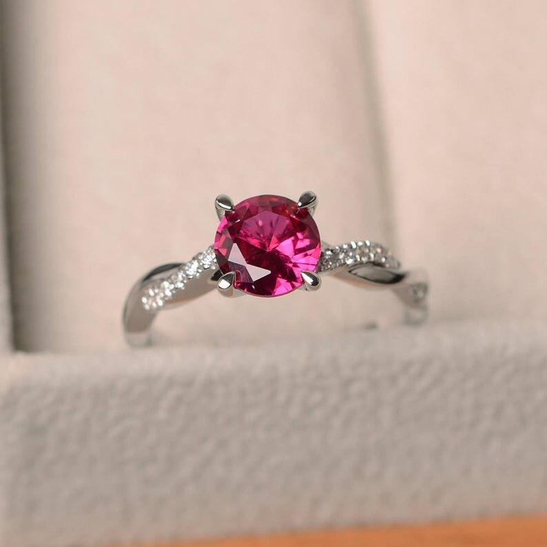1.20 Ct Round Natural Ruby Diamond Engagement Ring 14K White Gold Size 6