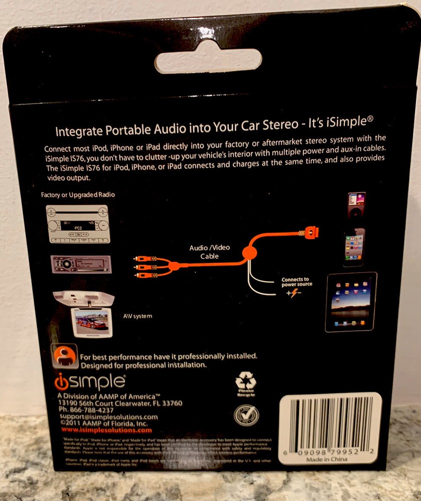 ISimple IS76 Ipod/iphone /iPad A/V Interface RCA Cable and Charging Cable NEW