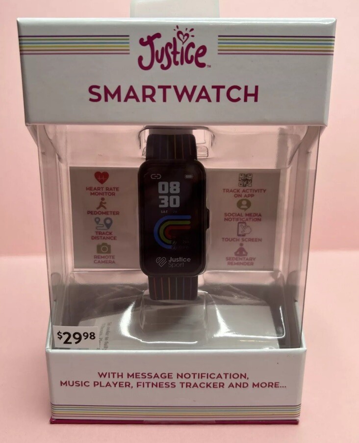 Justice Kids SmartWatch Rectangular Face W/black Rainbow Stripes