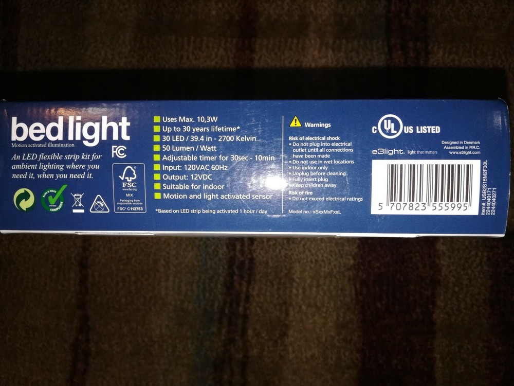 Bed Light Motion Activated Two LED Flex Strips e3light Open Box Contents Sealed