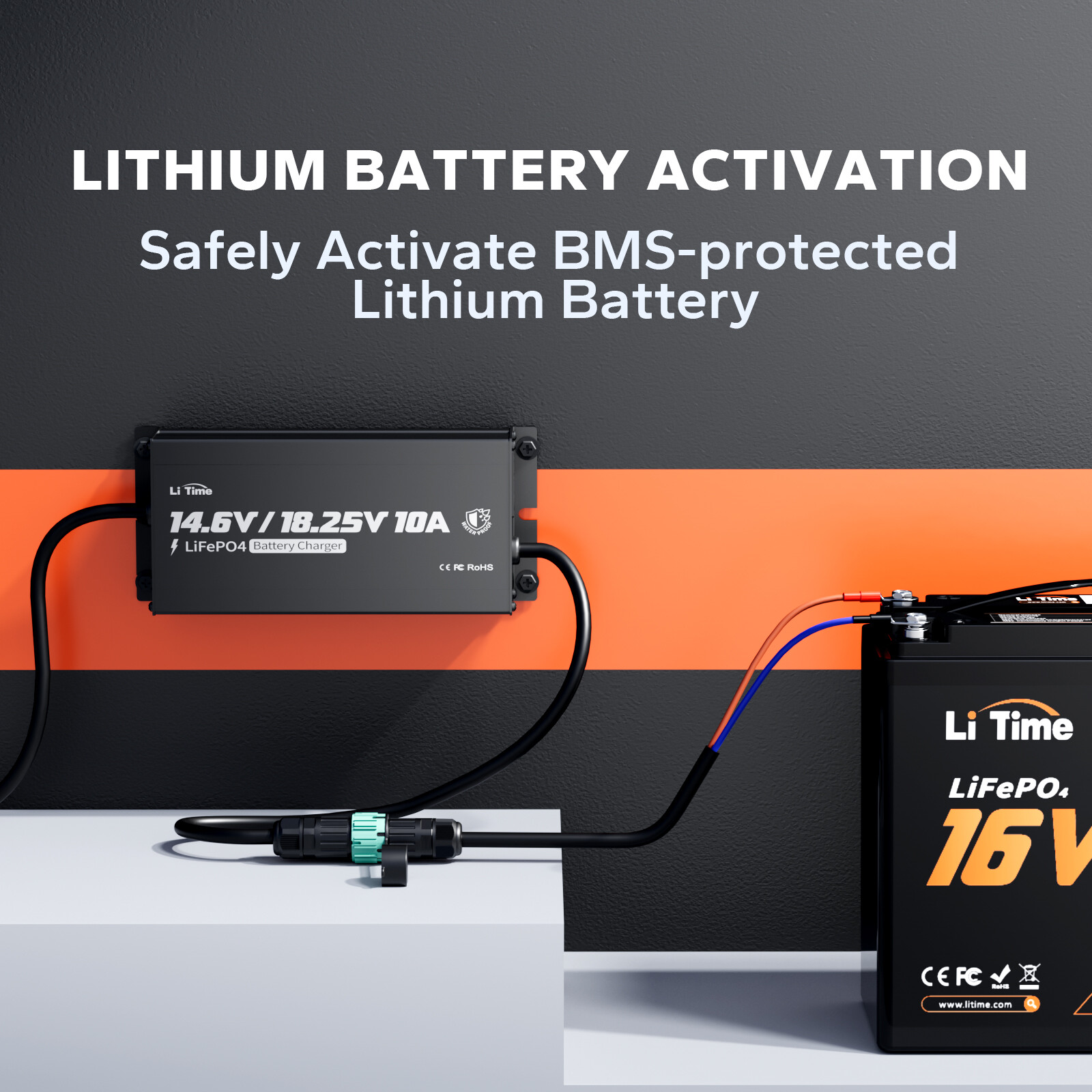 LiTime 12V(14.6V)&16V(18.25V) 10A Smart Charger for LiFePO4 Lithium Battery IP65