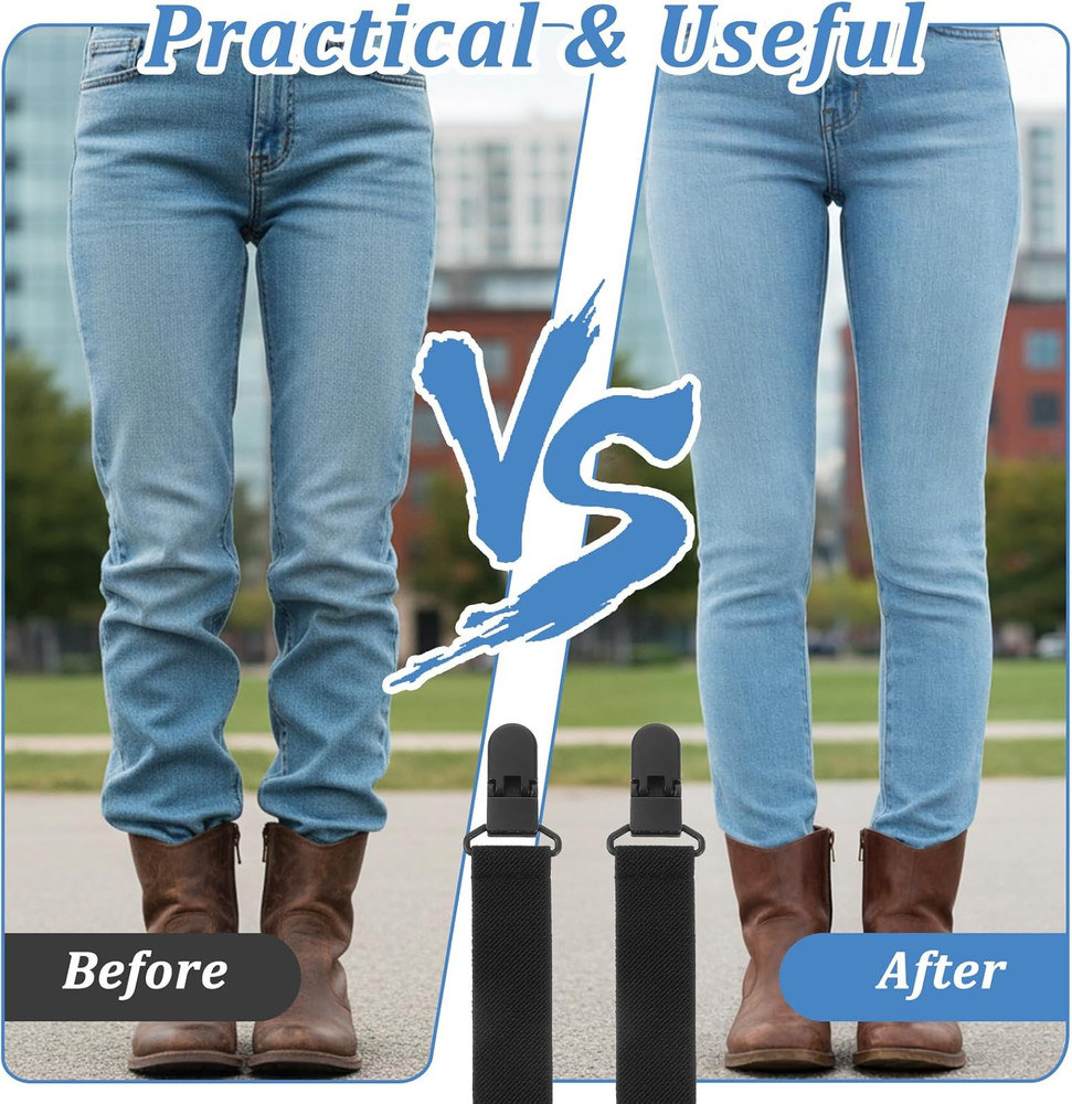 Adjustable Elastic Boot Straps with Clips for Tucking Pants - 4 Pack