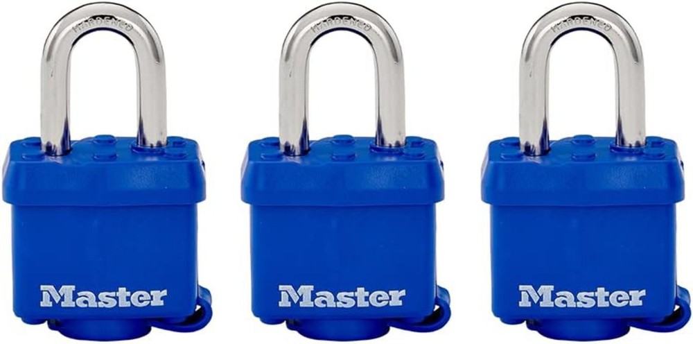 Master Lock 312TRI Laminated Padlock with Key & Thermoplastic Shell, Blue, Pack