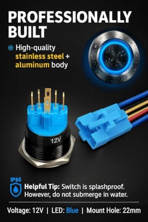 Black Aluminum Push Button Switch 22mm with Socket, 3A 12vDC Latching Blue