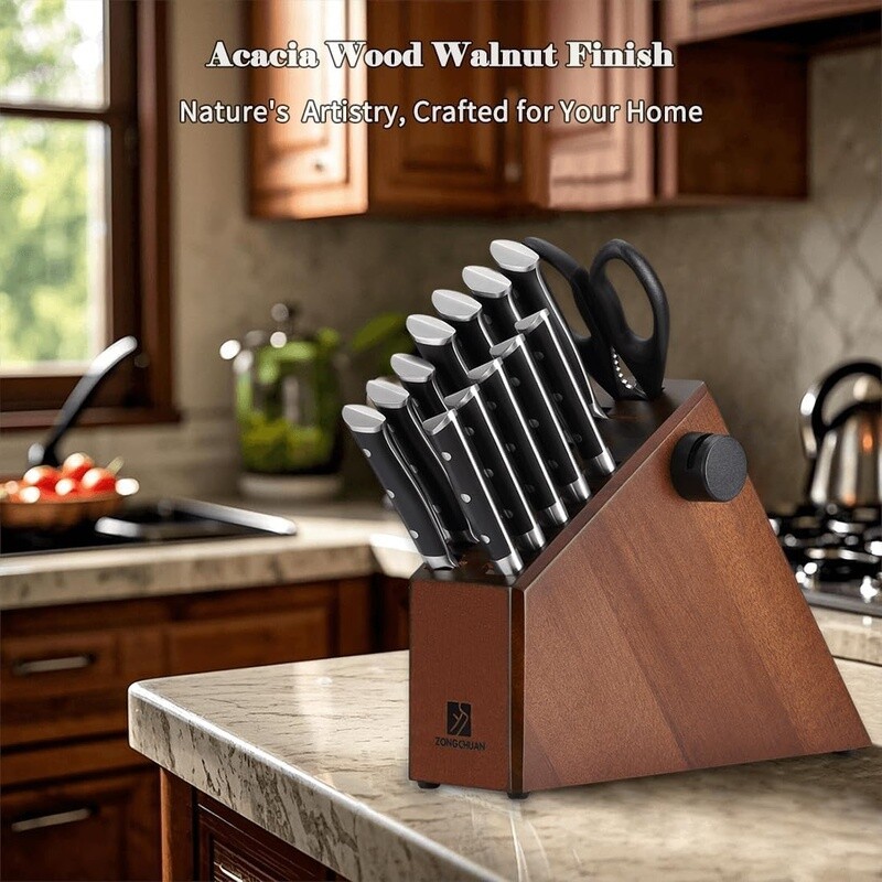 15 Pcs Kitchen Knife Set Stainless Steel Sharp Blades W/ Block Sharpener Silver