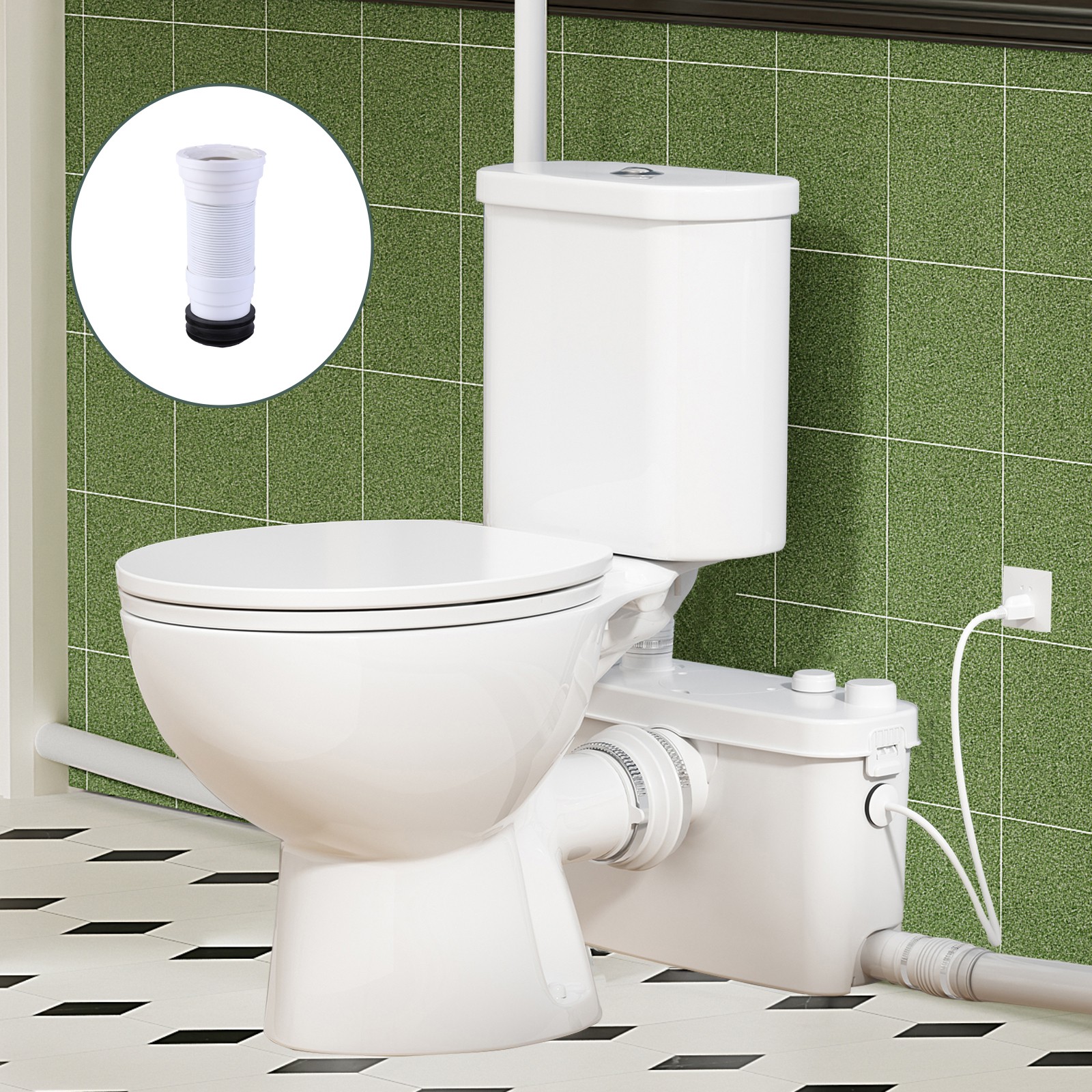 500W Upflush Macerating Toilet System with Pump & 4 Inlets for Basement White