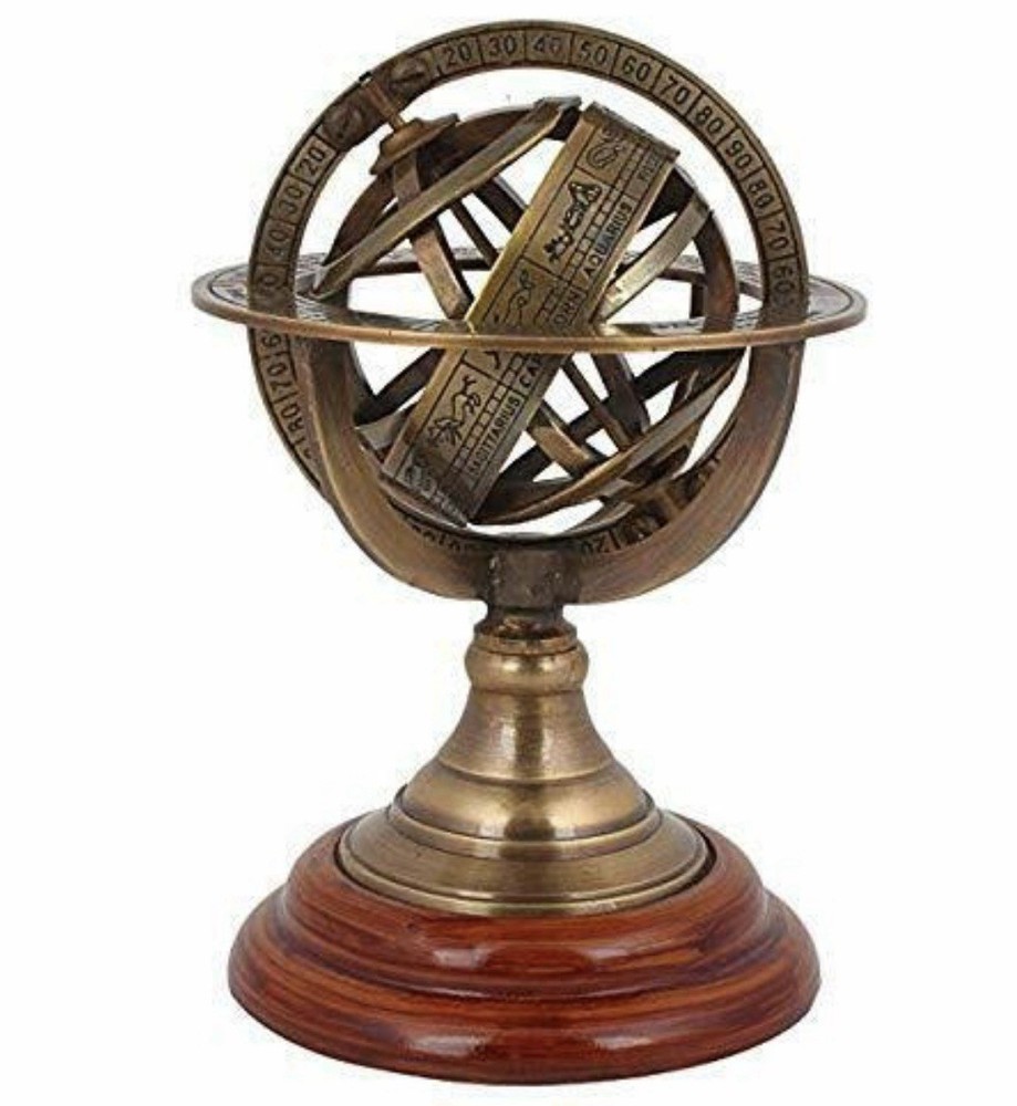 SOLID BRASS ARMILLARY WITH WOODEN BASE