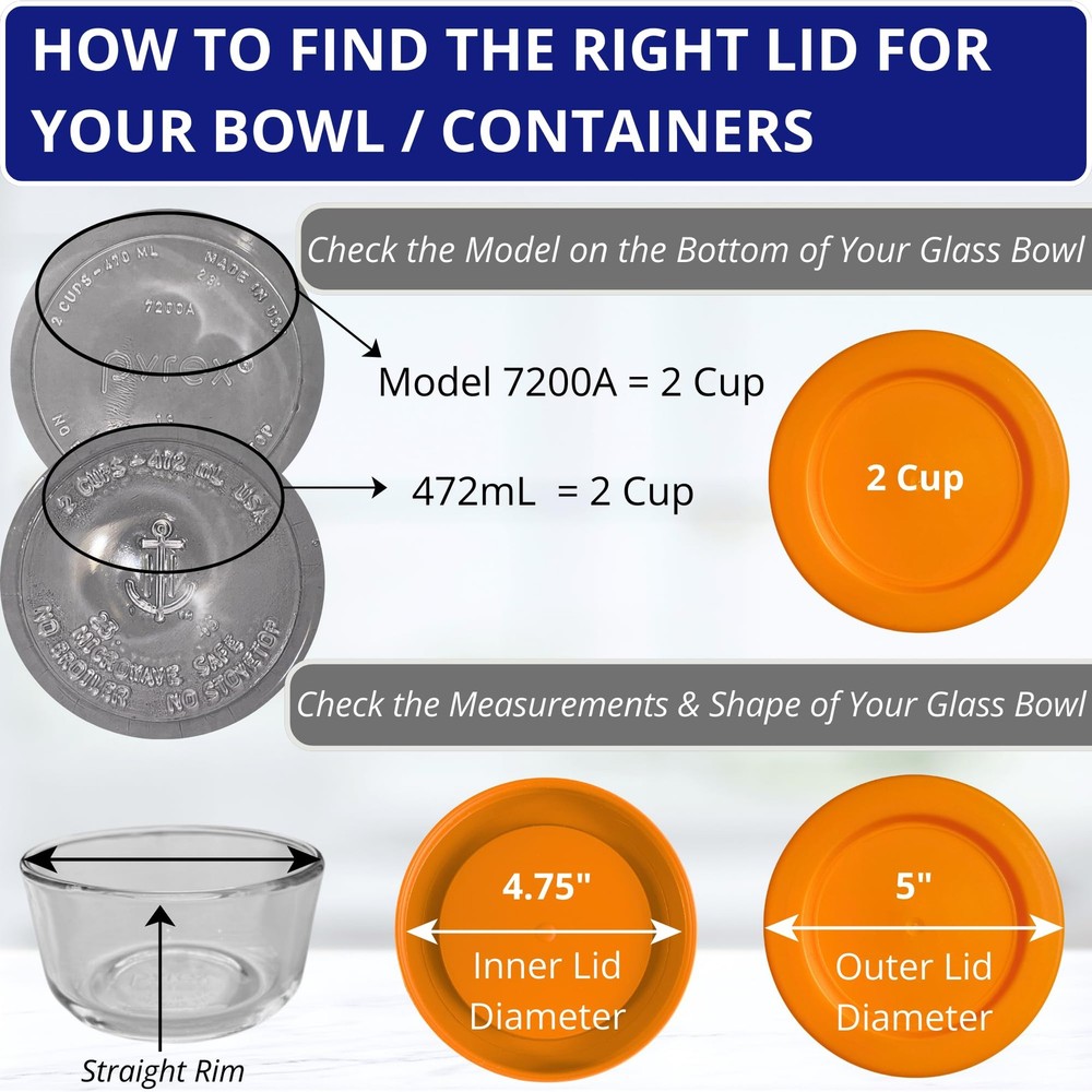 2 Cup/470 mL Orange Replacement Lids/Covers for Pyrex 7200-PC, 4 Pack,
