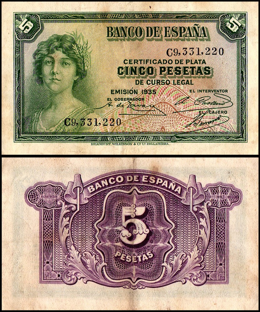 Spain 5 Pesetas, 1935, P-85, Used
