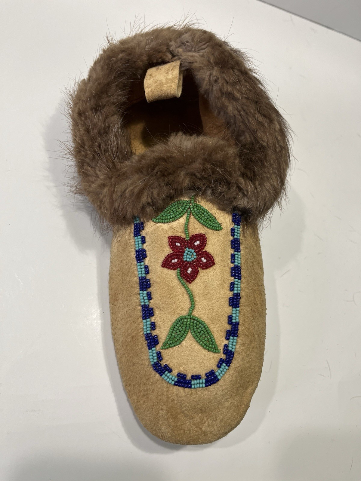 Single Vintage Beaded Indian Moccasin On Hide -Rabbit Fur With Floral Beading