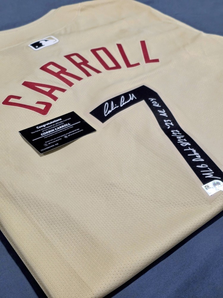 CORBIN CARROLL Under Wraps Signed Jersey Inscribed "MLB DEBUT" "NL ROY"