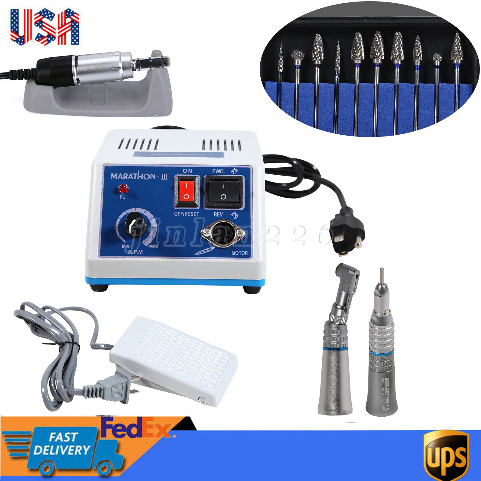 Dentist Lab MARATHON Handpiece 35K RPM Electric Micromotor Polisher 10 Drill Bur