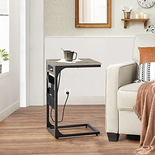 C Shaped End Table with Charging Station, Side Table for Sofa, Couch 2 Greige