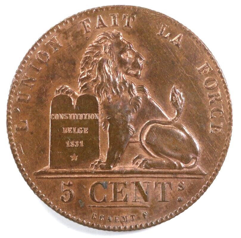 1851 Belgium 5 Centimes Uncirculated Coin NICE!