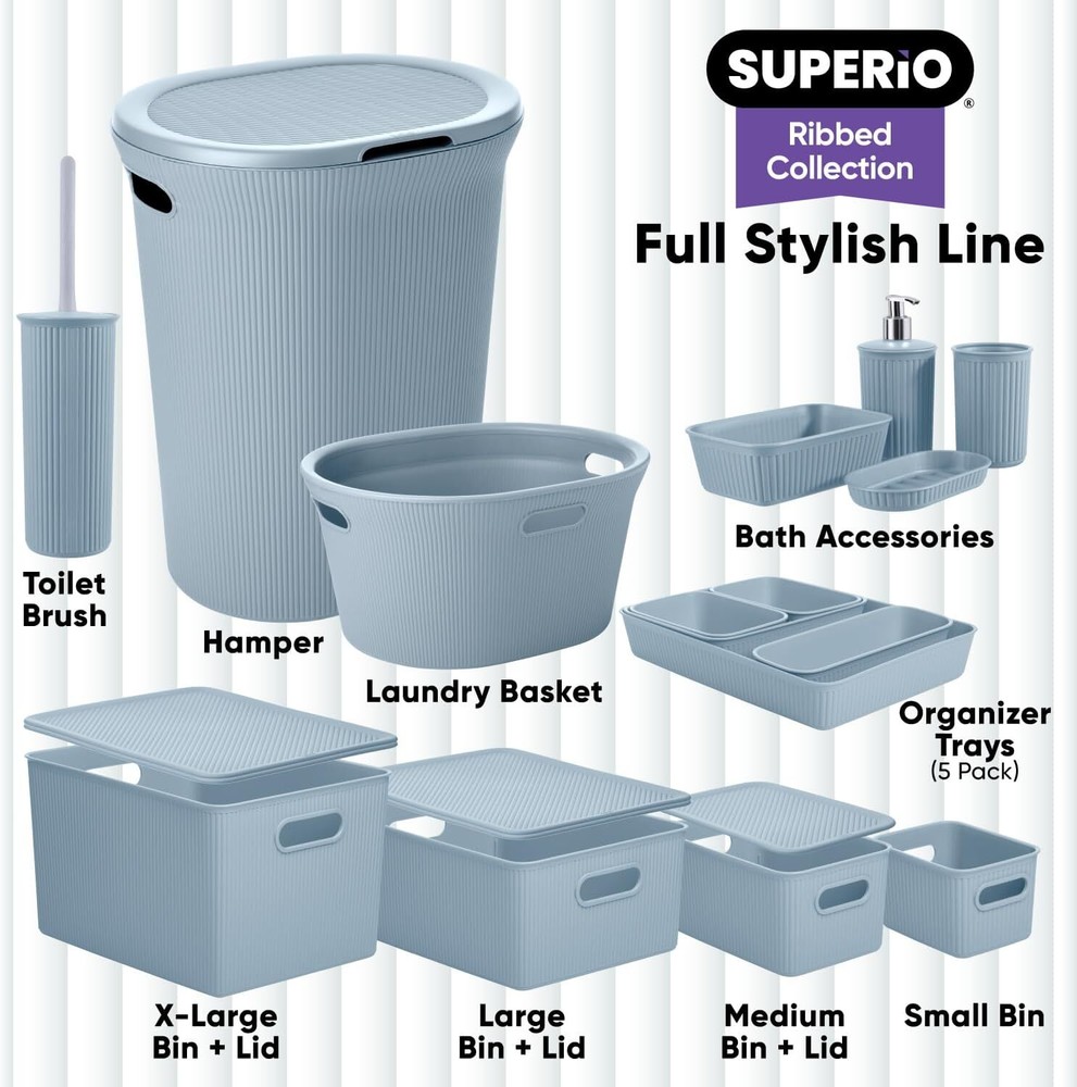 Superio 15L Medium Ribbed Storage Bin- Plastic Storage Bin (2 Pack, Stone Blue)