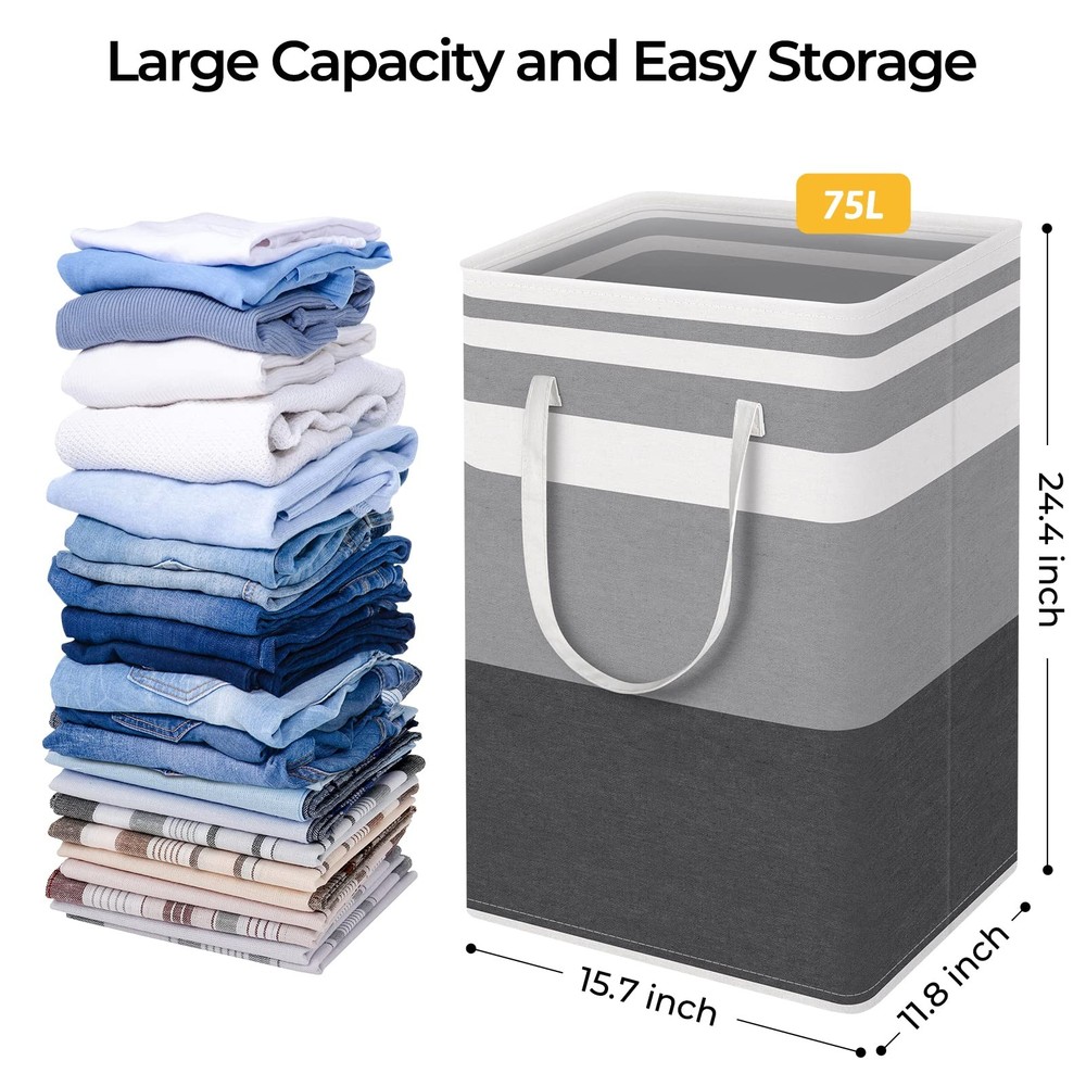 HomeHacks 2 Pack Large Laundry Baskets, Waterproof, Freestanding 75L, Grey