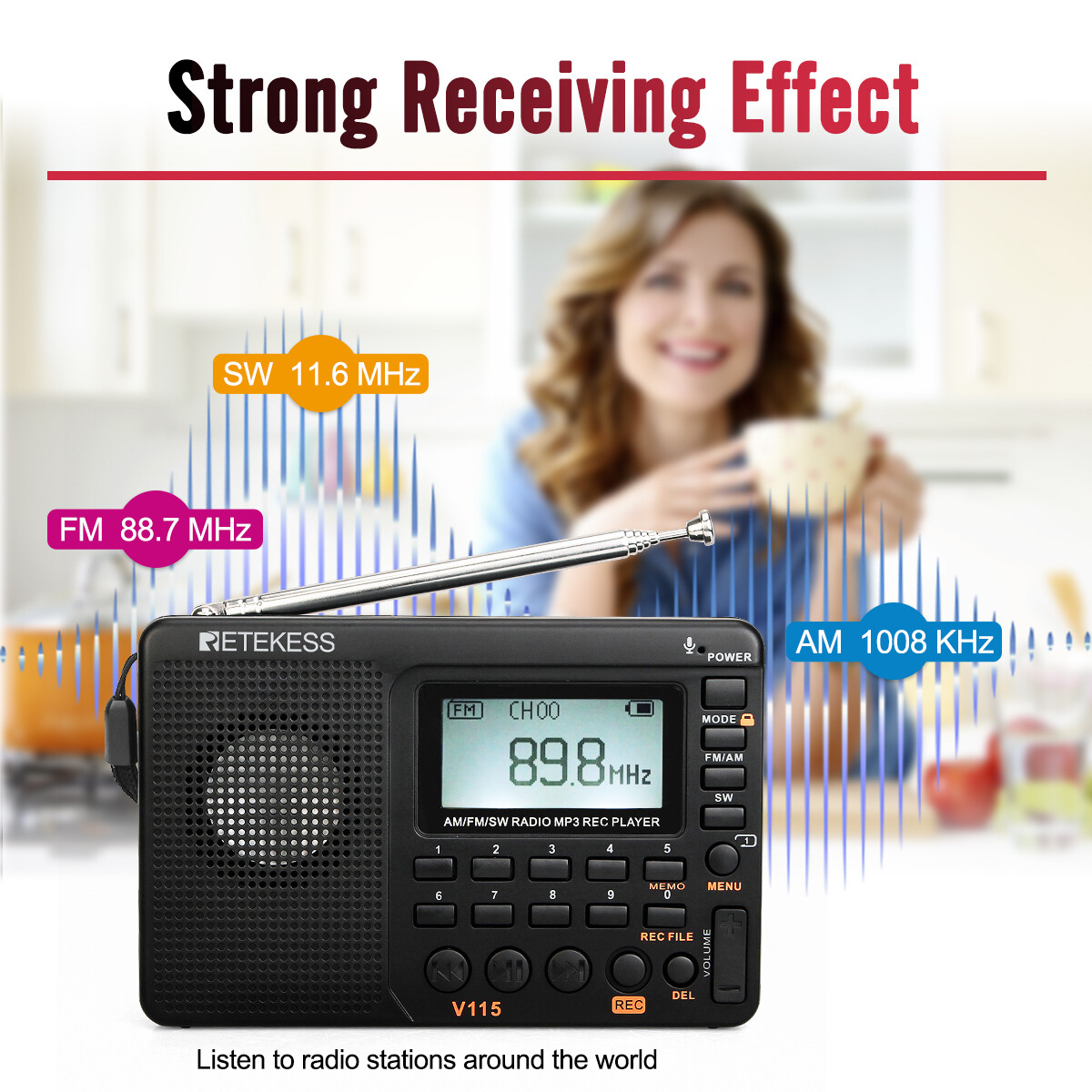 Retekess V115 Portable AM/FM/SW Radio Receiver MP3 Player Rechargeable Home Gift