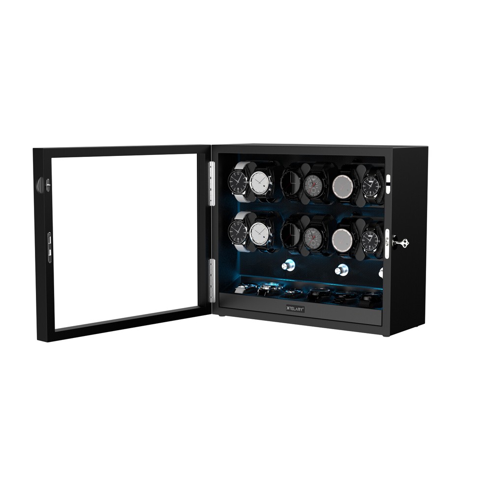 Automatic 12 Watch Winder Display Case With Blue LED Light With 6 Storage Box