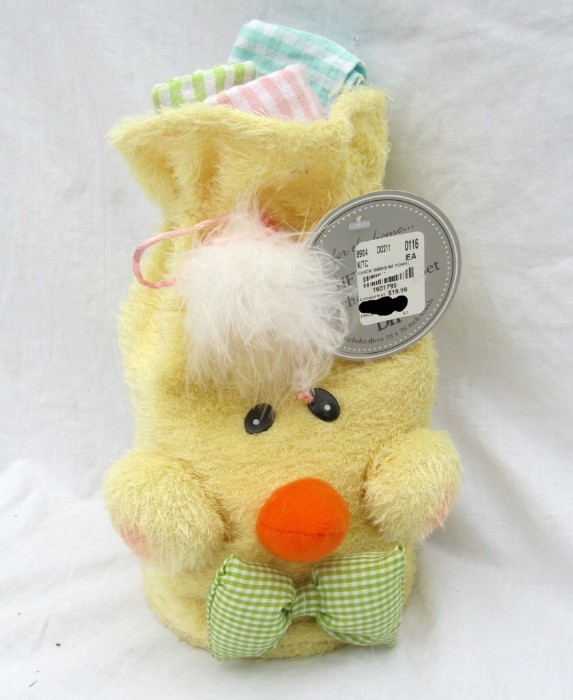 Spring Easter Chick Plush Bag Container & Kitchen Towel Set Dish Hand Tea Cloth