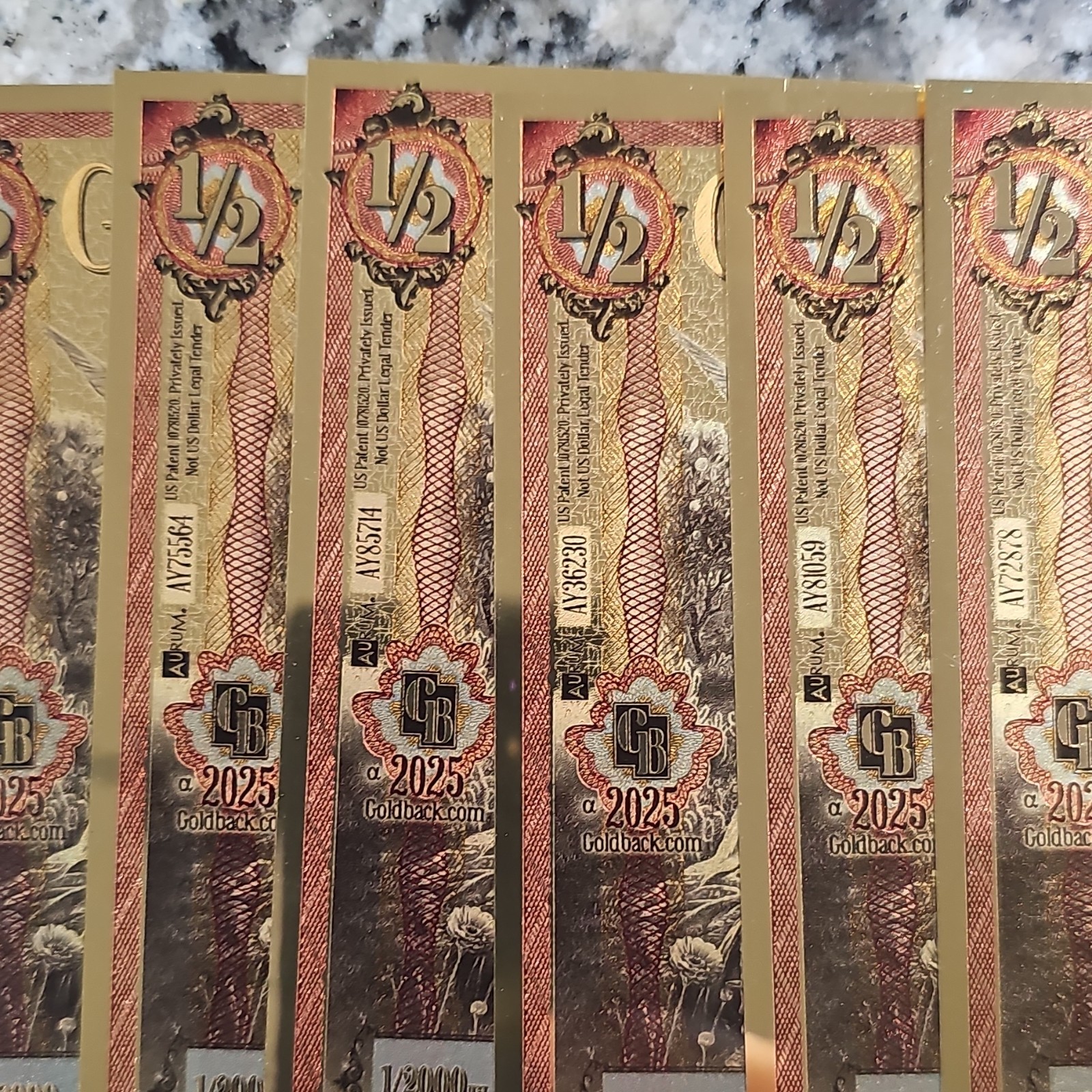 Goldback 2025 1/2 Gold Note Lot 20pcs 1/2000 oz .999 Gold Bar 20/2000 oz