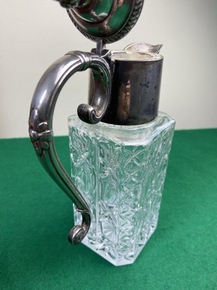 Silver Plated Small Rectangular Cut Glass Decanter Claret Jug Bacchus Face