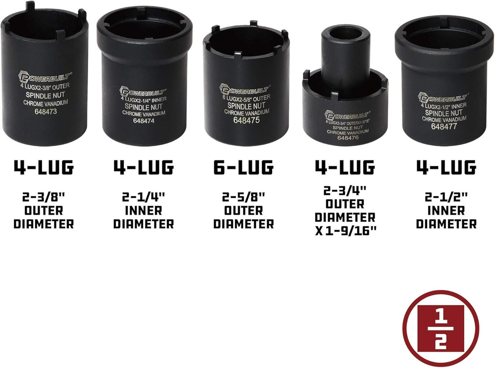 Spindle Nut Socket Tool Kit, 5 Piece, Remove Spindle Nuts, Various Size Lug Out