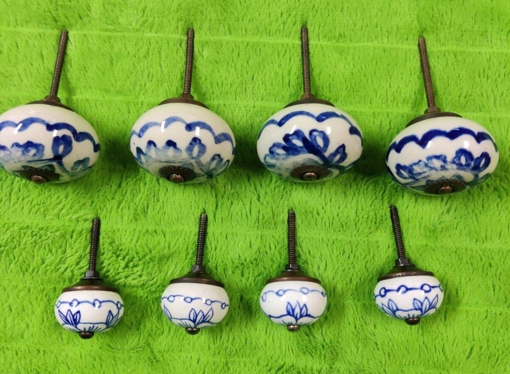 8 Vintage Drawer Knobs Pulls Ceramic Cobalt Blue White Floral