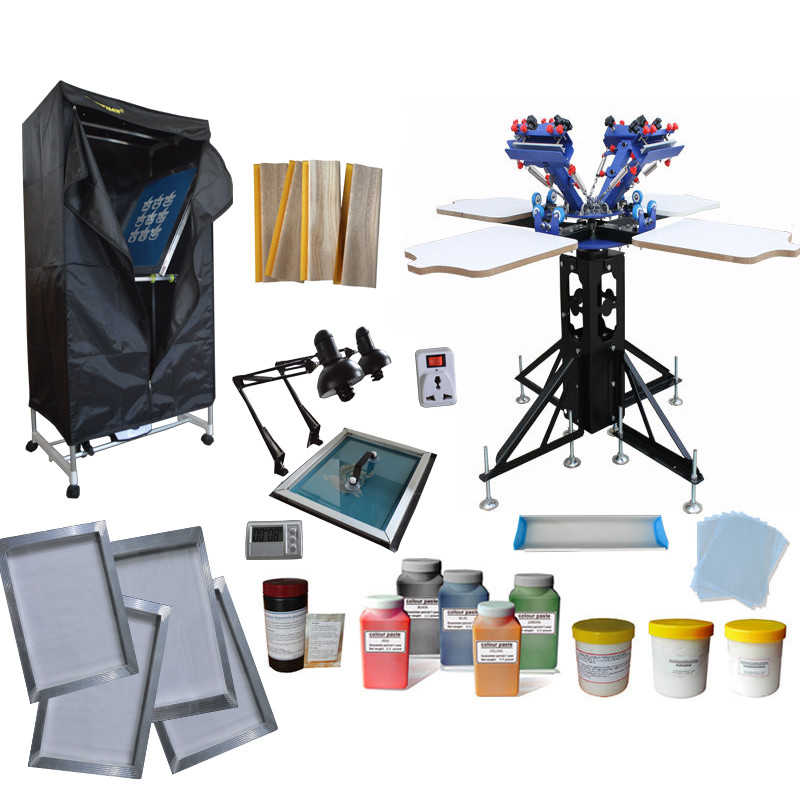 4 Color 4 Station Screen Printing Kit Press Tools Exposure Unit / Drying Cabinet