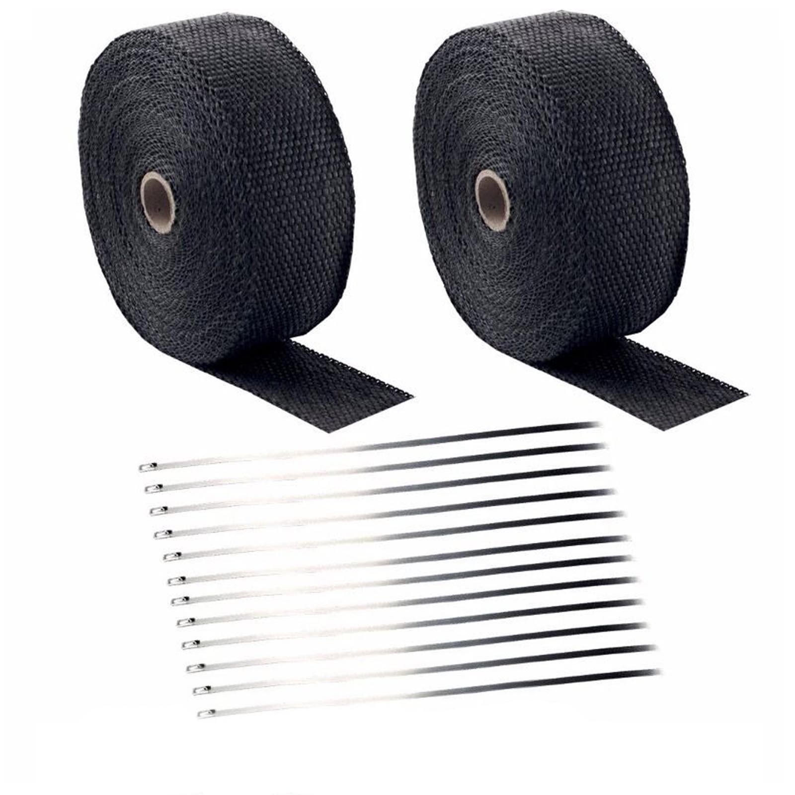 2 Roll x 2" 50Ft Black Fiberglass Exhaust Header Pipe Heat Wrap Tape+20 Ties Kit