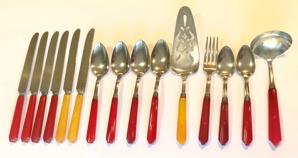 Bakelite Catalin 15 pc Partial Set Multicolor Flatware 1930's #4