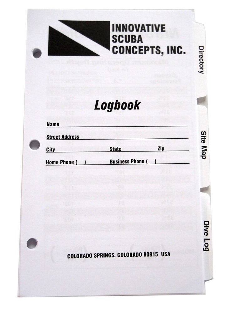Log Book Binder Replacement Pages 3 Ring Scuba Diving Dive Set Tabbed LB0260