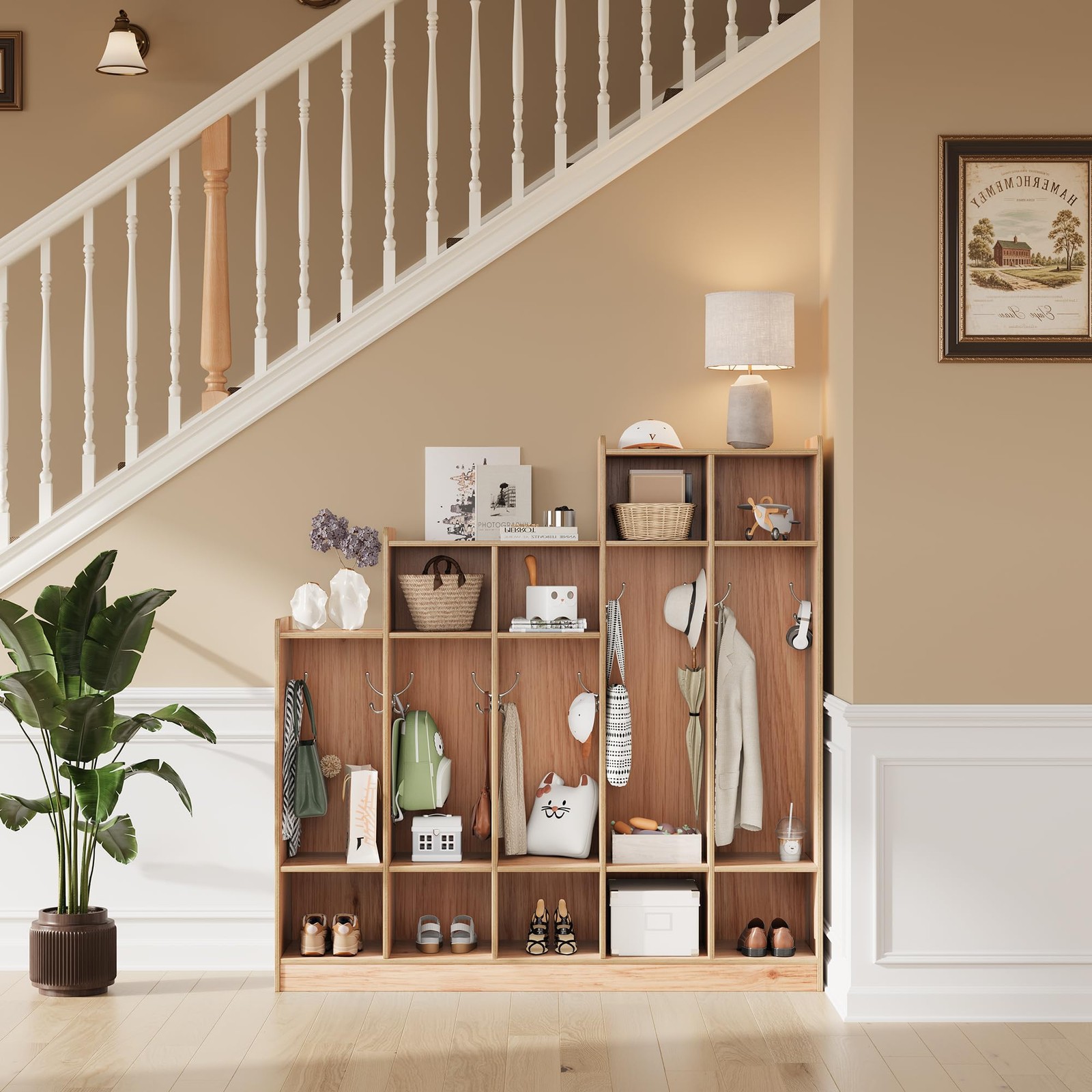 Classroom Coat Locker 5-Section 9 Cubbies 10 Hooks Natural Wood for Home School