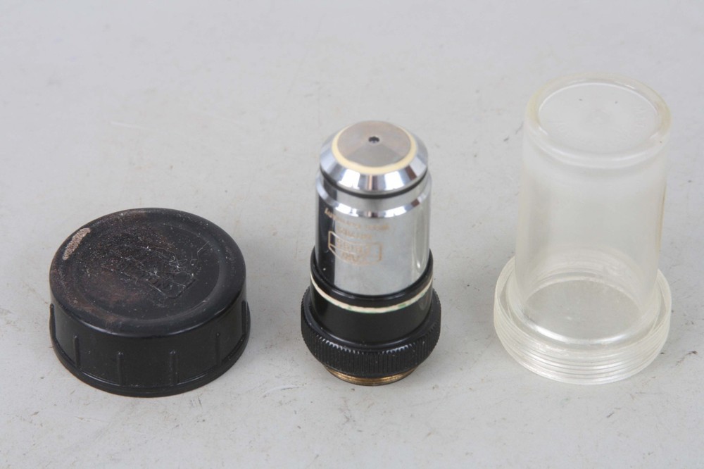 vintage used Zeiss 100x Plan Oil Microscope Objective 160mm, w/ plastic holder