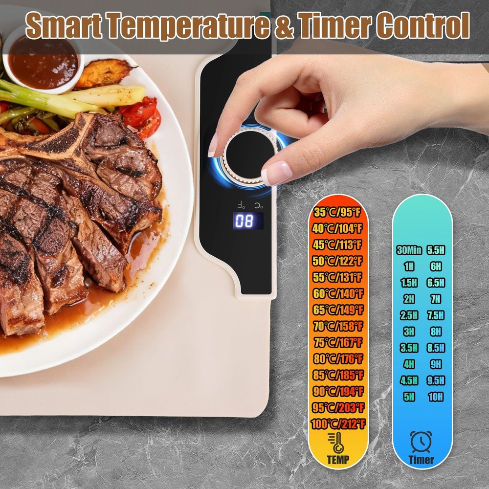 Electric Food Warming Tray Adjustable Temperature Timer Heating Rollable Mat