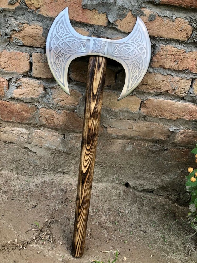 Medieval Warrior Double Headed Battle Axe With Leather Sheath, Labrys, Handmade