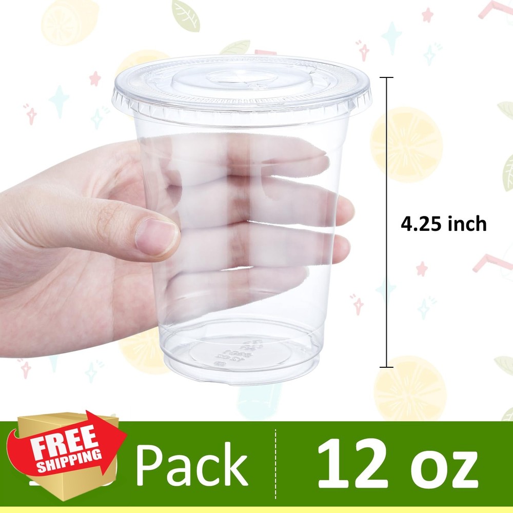 Eupako 12oz Plastic Cups with Flat Lids 100 Sets